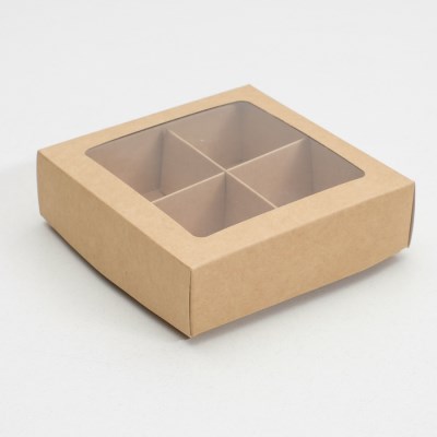 Коробка на 4 конфеты с окном крафт 12,5*12,5*4